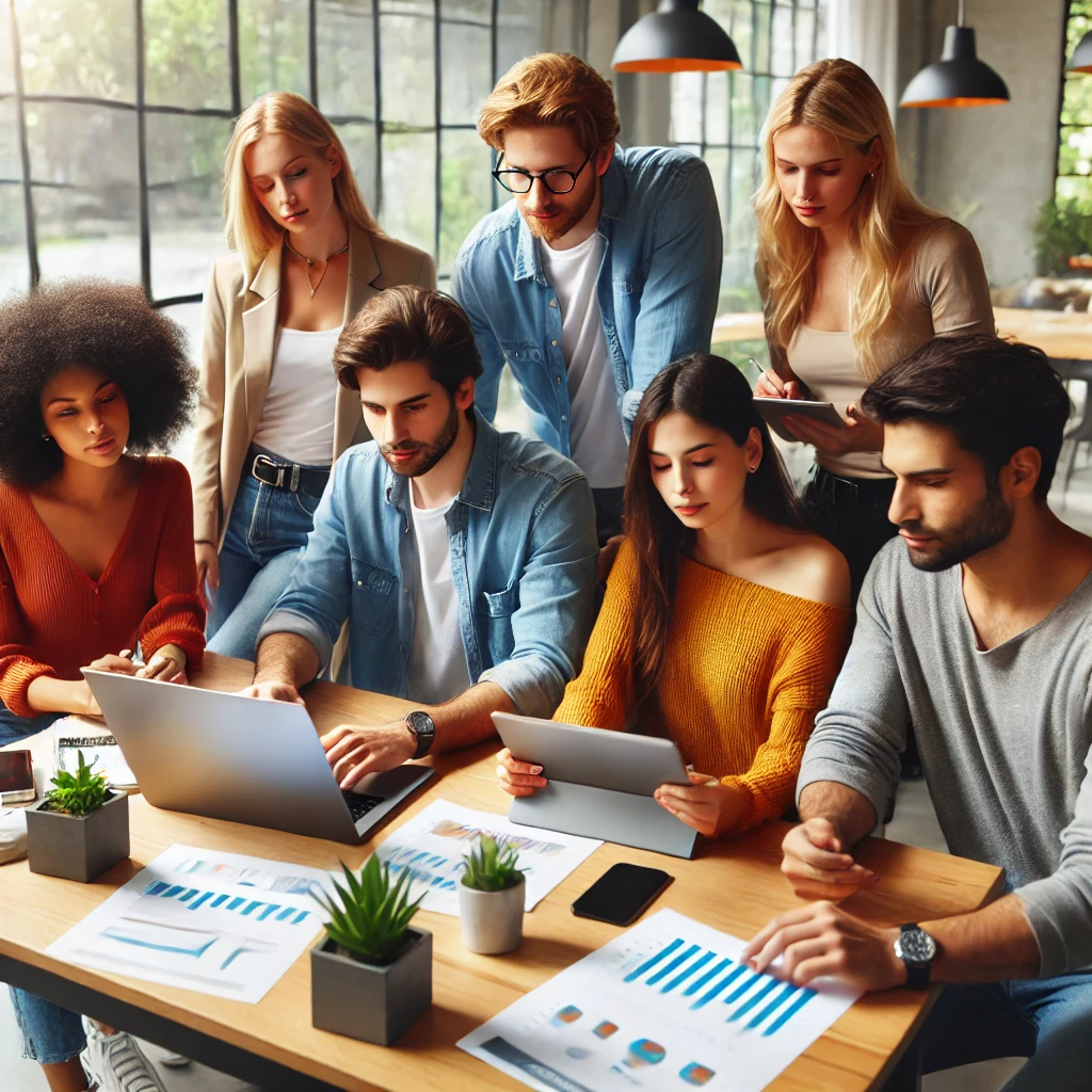The Ultimate Guide to Personal Finance for Millennials & Gen Z 10 DALL·E 2024 09 08 16.29.19 A diverse group of Millennials and Gen Z individuals sitting together using a laptop tablet and smartphone discussing finances in a modern bright The Ultimate Guide to Personal Finance for Millennials & Gen Z