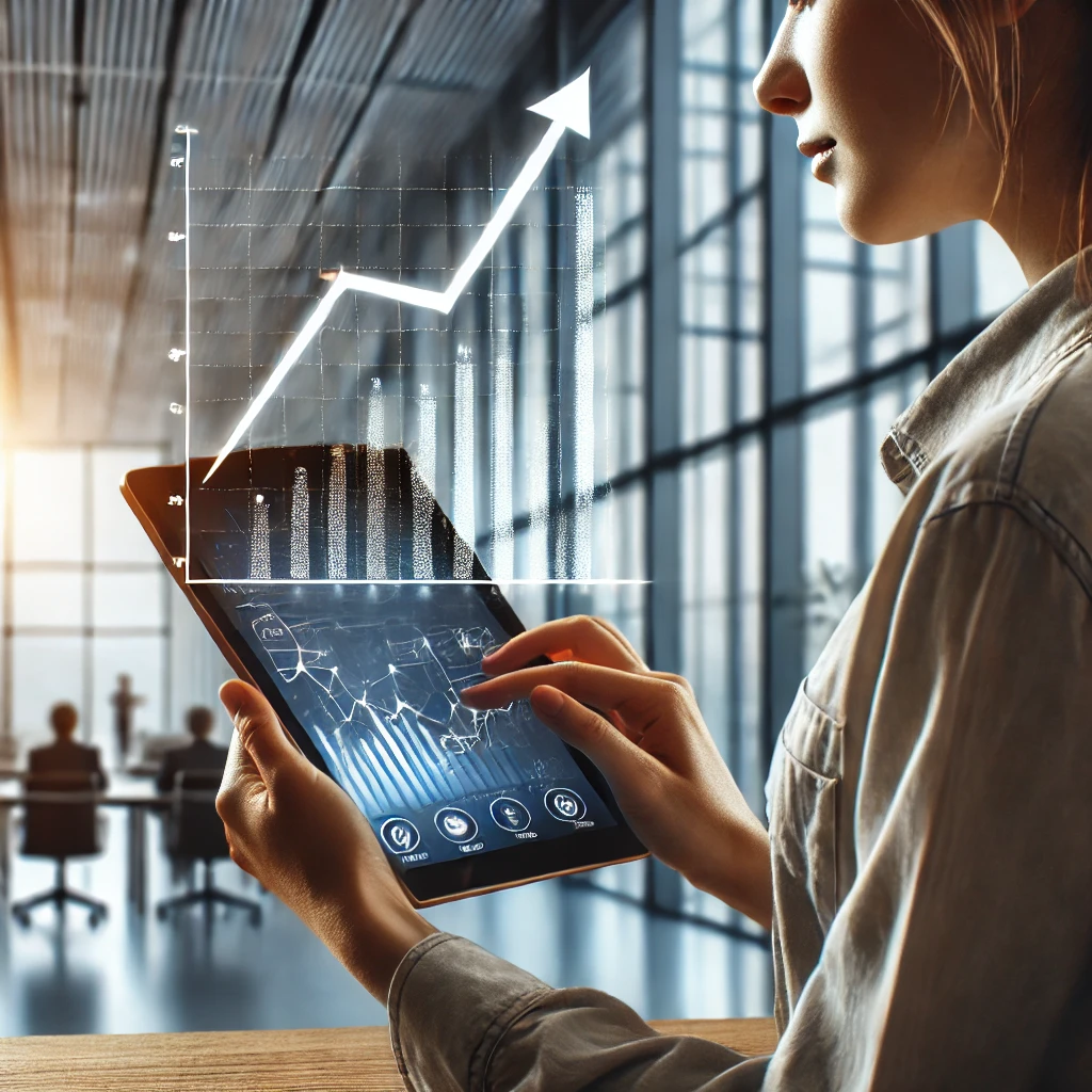 The Ultimate Guide to Personal Finance for Millennials & Gen Z 14 DALL·E 2024 09 08 16.29.29 A young person looking at their investment portfolio on a tablet with a rising line graph visible on the screen. The background shows a modern office The Ultimate Guide to Personal Finance for Millennials & Gen Z