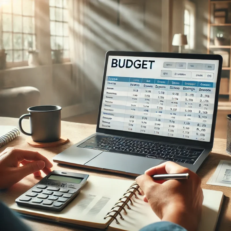 How to Create and Use a Budget for Financial Freedom 4 DALL·E 2024 09 08 20.59.18 A person sitting at a desk reviewing their budget on a laptop with a notebook pen and coffee cup beside them. The screen shows a clear budget spre How to Create and Use a Budget for Financial Freedom